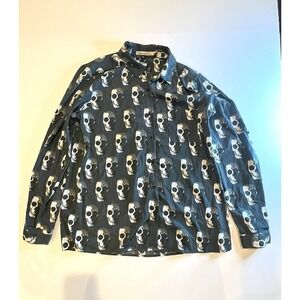 Liberty Love Shadowed Skulls Grey Roll Tab Sleeves Button Blouse‎ Shirt Medium